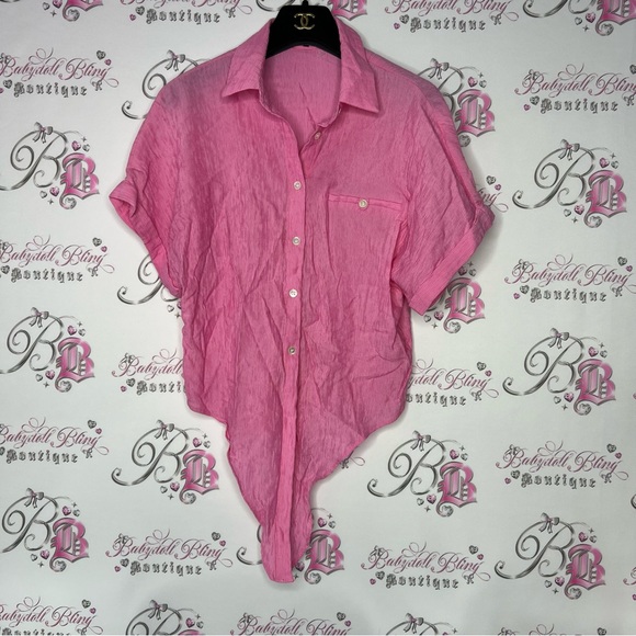 Frnch Paris blouse pink striped tie front bow button down tshirt collared top - Picture 6 of 10